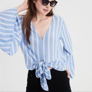American Eagle Striped Blue Tie-Front Blouse